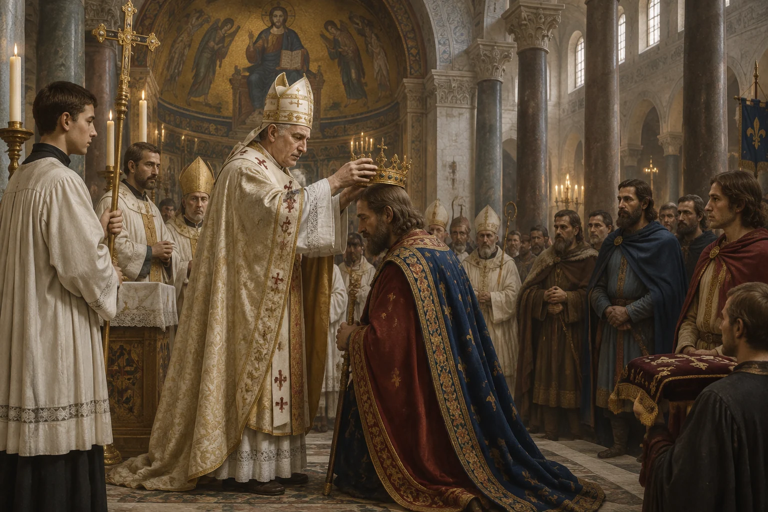 Carlomagno: el gran emperador de Europa en la Edad Media 7 Representación medieval de la coronación imperial de Carlomagno