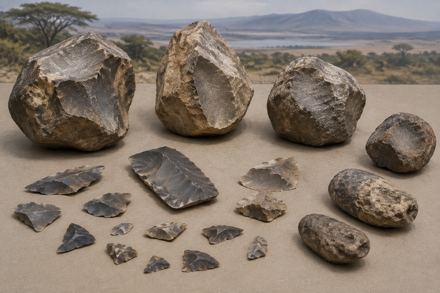 Reconstrucción visual editorial de tecnología lítica temprana en África oriental