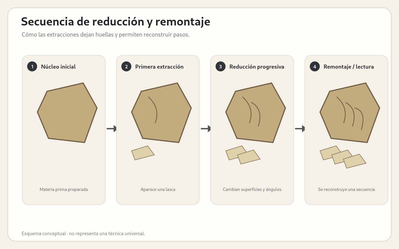 Diagrama editorial de una secuencia de reducción y remontaje lítico