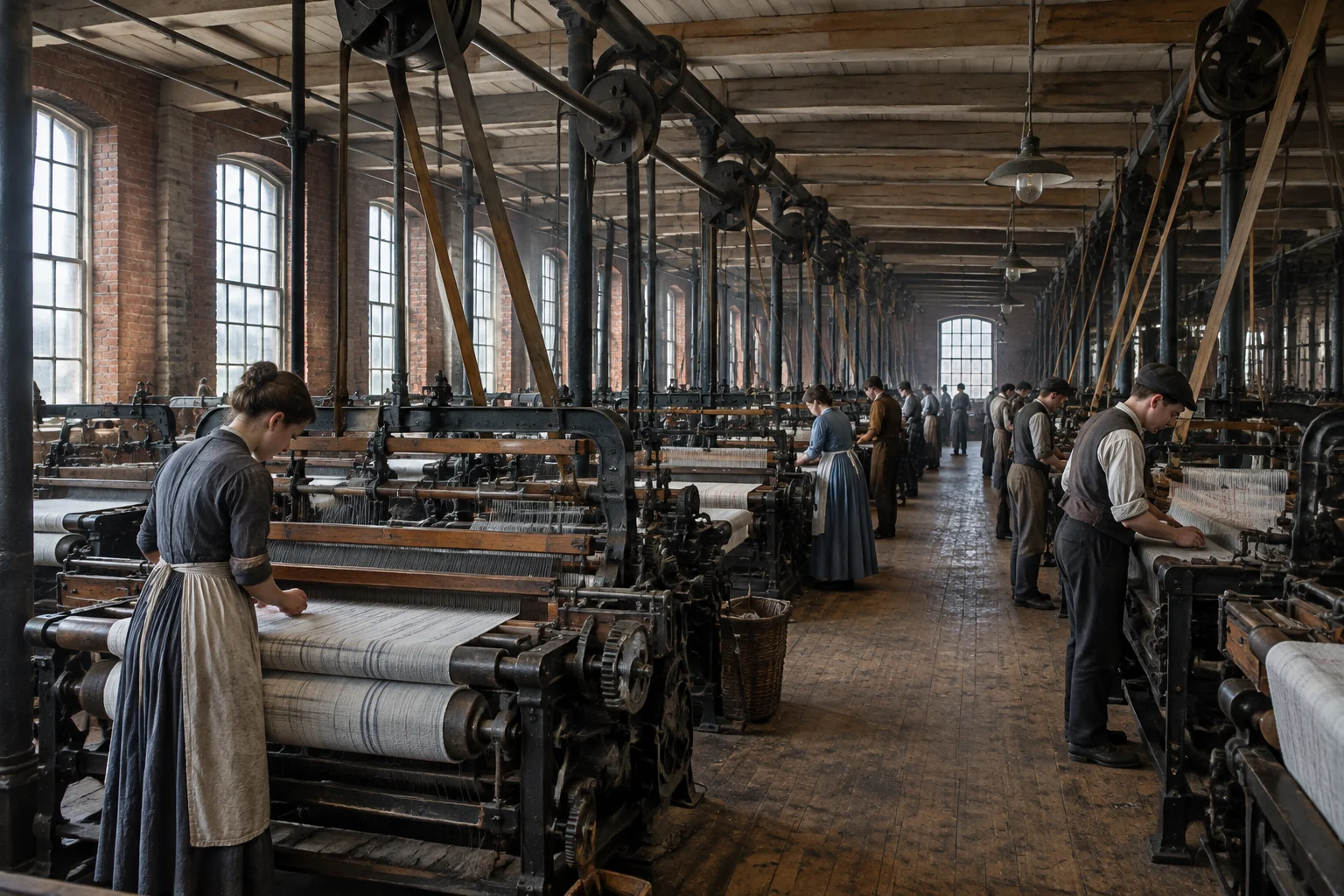 Sala de fábrica con telares mecánicos durante la industrialización textil