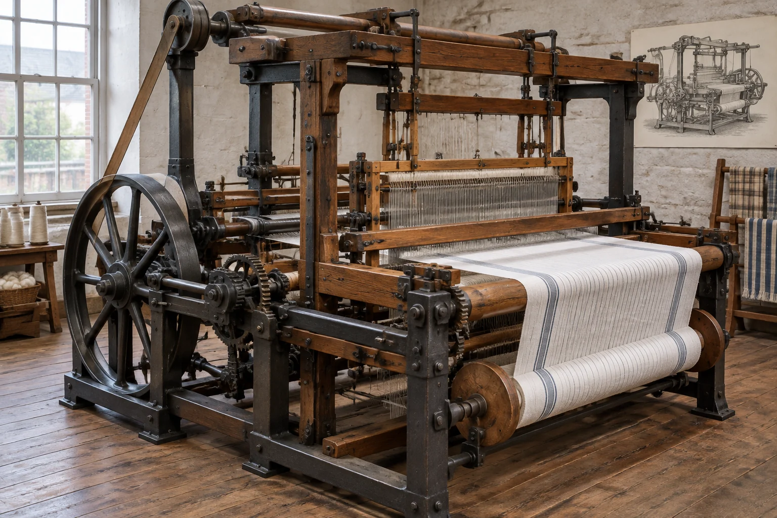 La revolución textil: cómo el telar mecánico transformó la historia. 6 Grabado o esquema histórico de un telar mecánico temprano