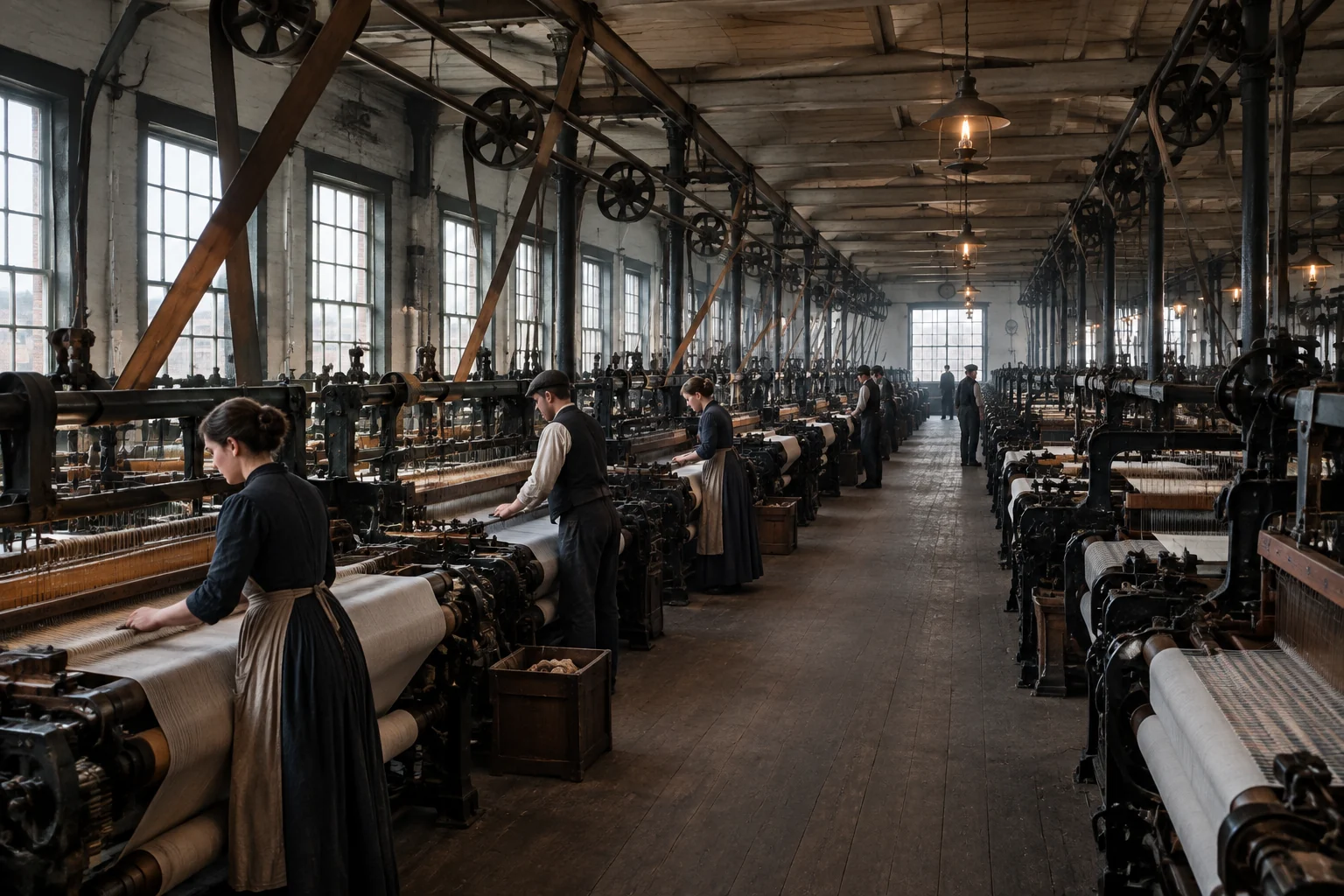 La revolución textil: cómo el telar mecánico transformó la historia. 7 Interior histórico de una fábrica textil con numerosos telares