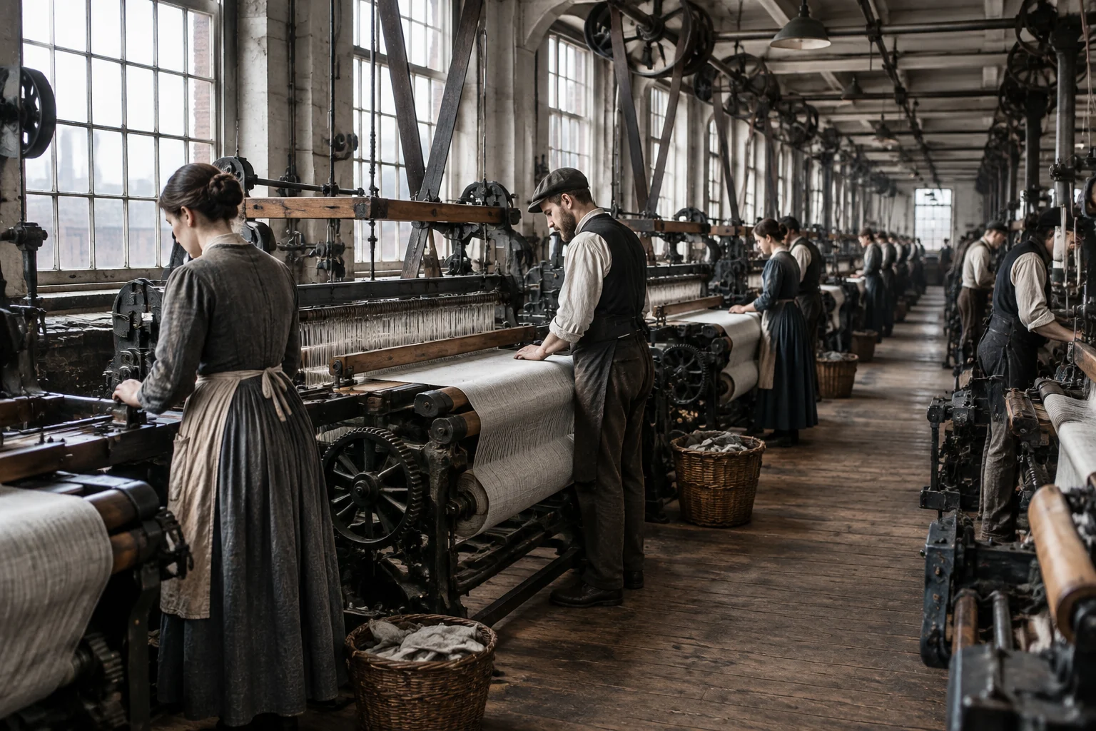 La revolución textil: cómo el telar mecánico transformó la historia. 8 Trabajadores operando telares en una fábrica textil histórica