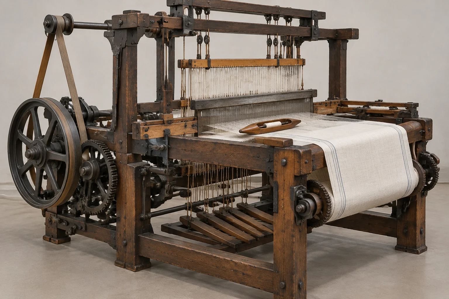 La revolución textil: cómo el telar mecánico transformó la historia. 9 Detalle mecánico de un telar industrial histórico