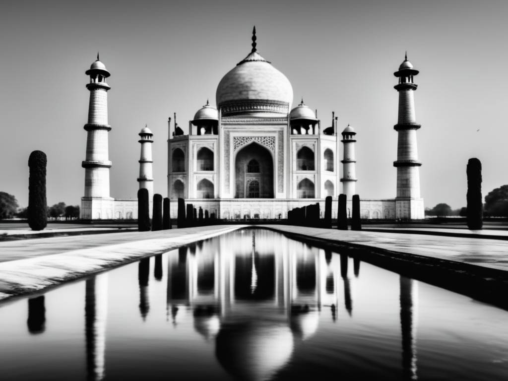 Taj Mahal en Antigua India: Imagen 8K en blanco y negro del icónico Taj Mahal en un paisaje sereno