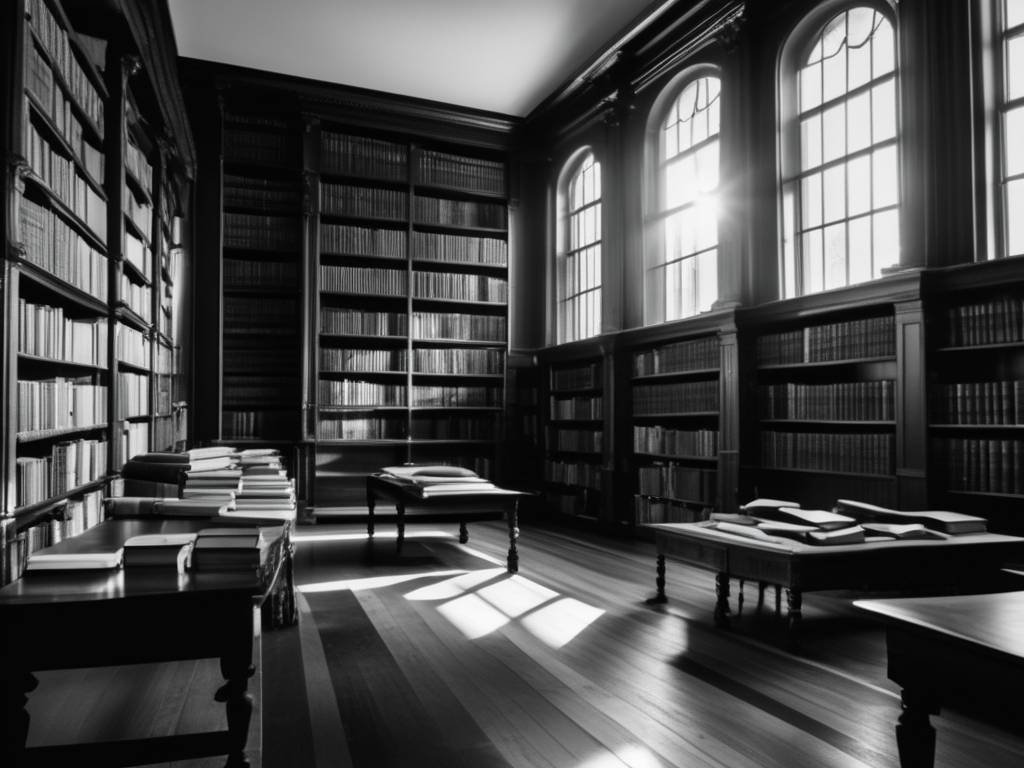 Biblioteca vintage con estanterías llenas de libros antiguos y luz natural