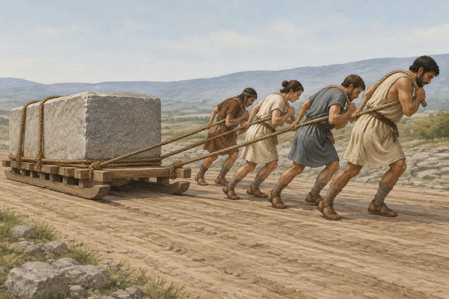 Reconstrucción editorial de un equipo que arrastra con cuerdas un bloque de piedra sobre un trineo y terreno preparado.