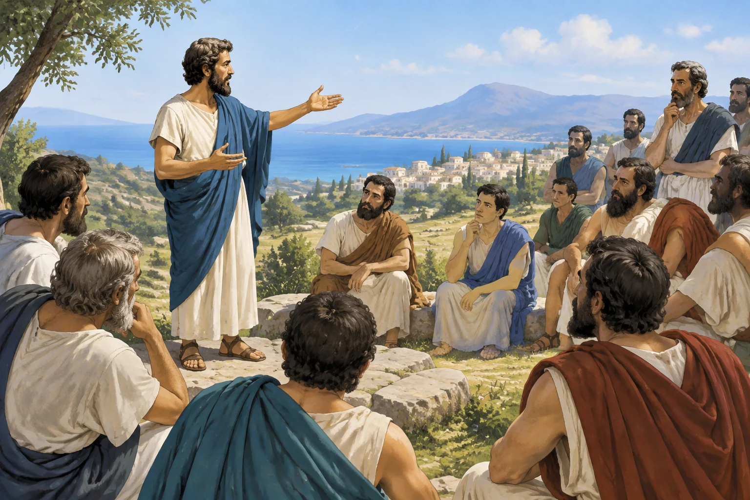 La democracia ateniense: una mirada a la cuna de la participación ciudadana en Grecia Antigua 4 Ilustración editorial de hombres reunidos al aire libre en una ladera, escuchando a un orador en una asamblea cívica de la Atenas antigua.