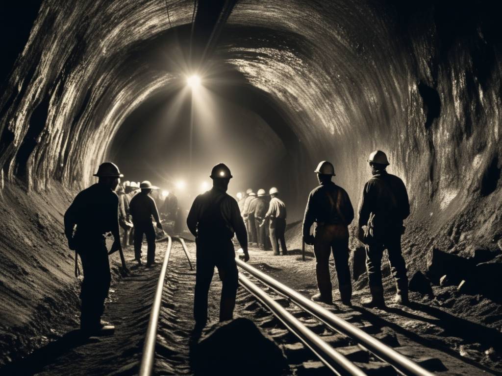 Dinamita en la minería: Trabajo intenso y peligroso de mineros en túnel oscuro, con paredes ásperas y venas minerales