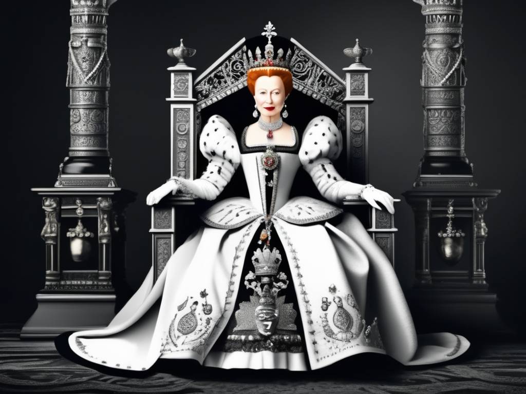 Isabel I de la dinastía Tudor en su trono, vestida con elegantes ropas, coronada y con expresión firme