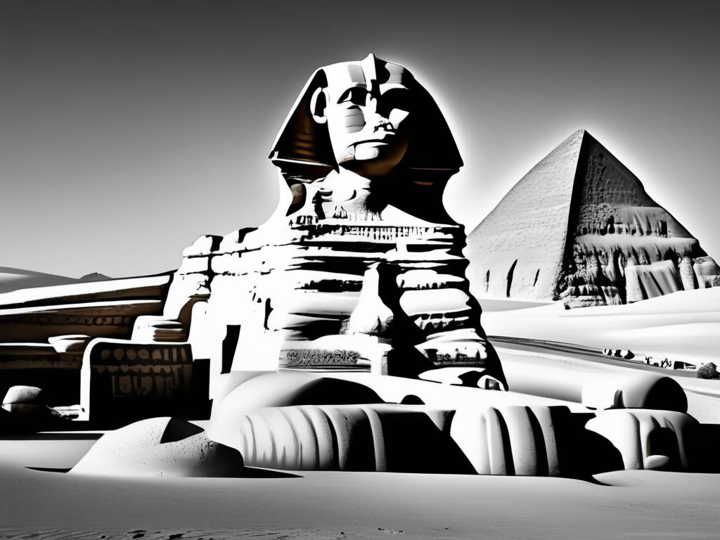 Esfinge de Giza majestuosa en el desierto, con detalles precisos en blanco y negro