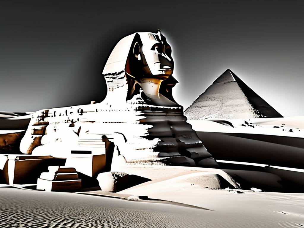 Esfinge de Giza en majestuosa imagen en blanco y negro, resaltando detalles y misterios de este icónico monumento