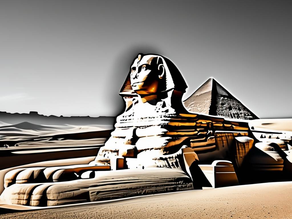 Esfinge de Giza en majestuoso contraste con el desierto, mostrando detalles erosionados y enigmático rostro