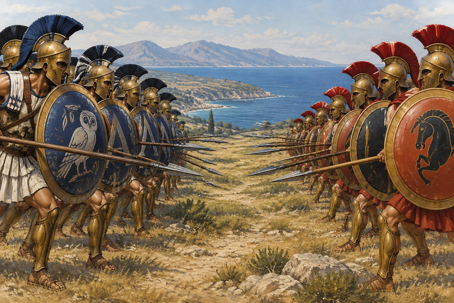 Las Guerras del Peloponeso: El conflicto bélico que transformó la Antigua Grecia. 2 Ilustración editorial de dos grupos de hoplitas griegos frente a frente en un paisaje mediterráneo.