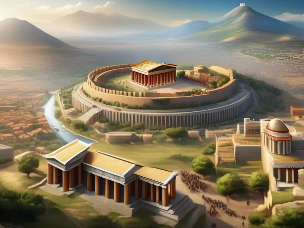 Historia de Esparta: Imagen detallada de la antigua ciudad-estado, sus murallas, templos, guerreros y montañas
