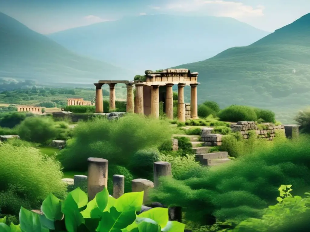 Historia de Esparta: Ruinas antiguas, templo cubierto de hiedra, paisaje rocoso y vegetación exuberante