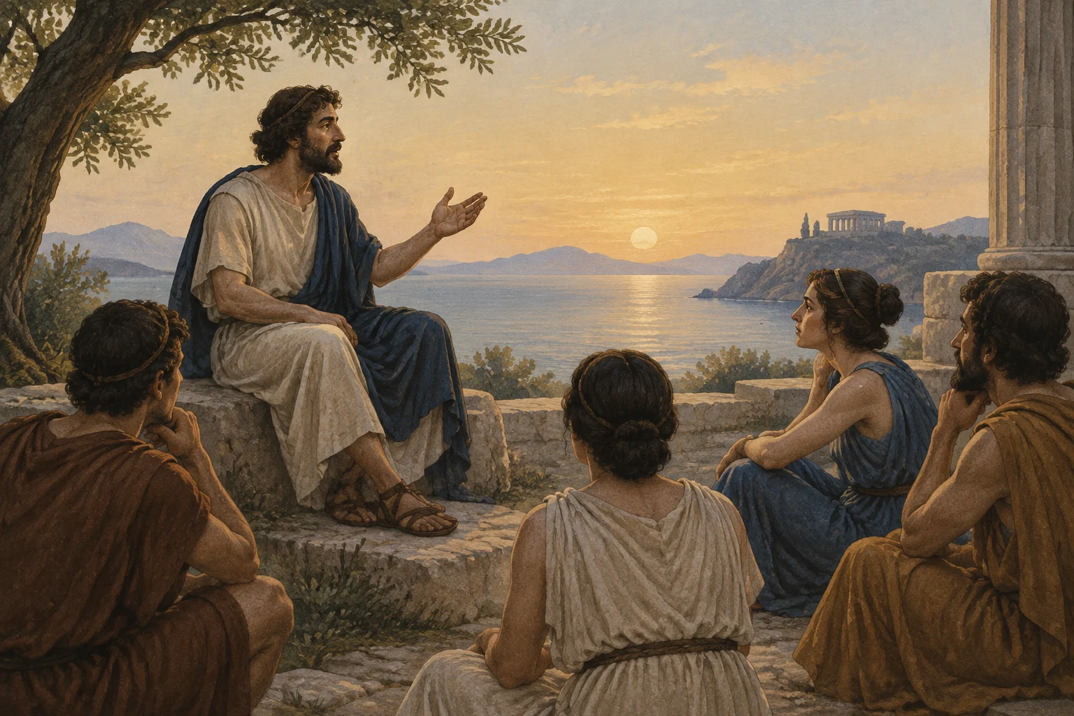 La Ilíada: la obra que refleja la civilización griega de la Edad Antigua 3 Ilustración editorial de una figura recitando ante un pequeño grupo en un entorno inspirado en la Grecia antigua.