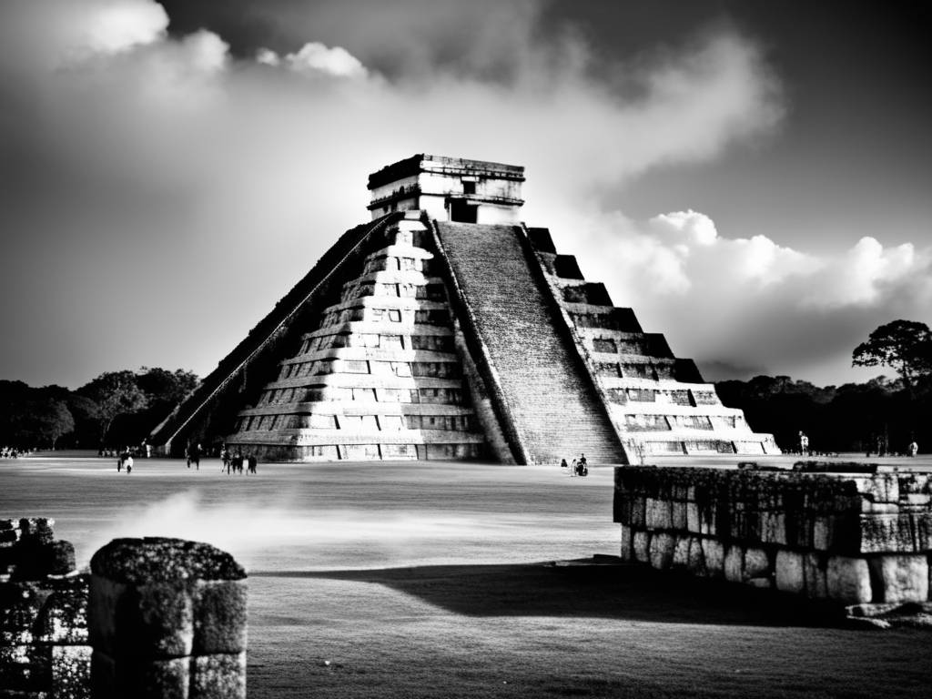 Imagen de la antigua ciudad maya de Chichen Itza, con El Castillo y ruinas circundantes