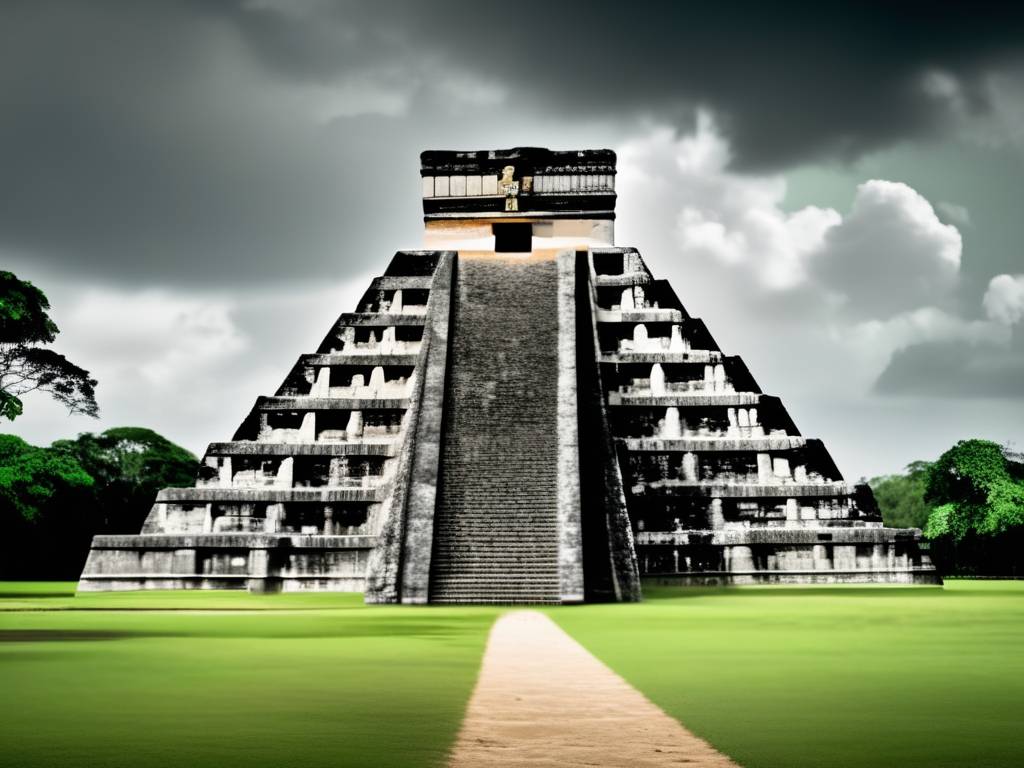 Imagen: Pirámide majestuosa de la civilización maya, adornada con esculturas y rodeada de vegetación exuberante