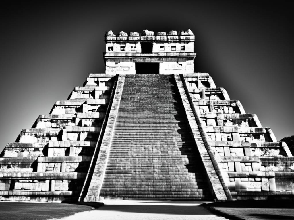 Impresionante imagen en blanco y negro de la pirámide maya El Castillo en Chichen Itza, destacando su arquitectura y detalles