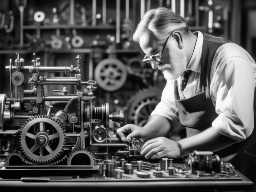 Inventor en taller ajustando calculadora: Invención de la calculadora revolucionaria en la era industrial