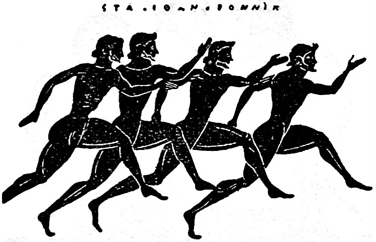 Atletas corriendo en un espacio de competición antiguo, sin carriles ni equipamiento deportivo moderno.
