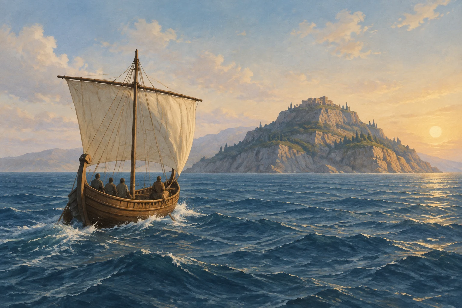 La Odisea de Homero: Una epopeya que narra la esencia de la Civilización Griega 4 An editorial illustration of an ancient-style sailing vessel crossing open water toward a rocky island.