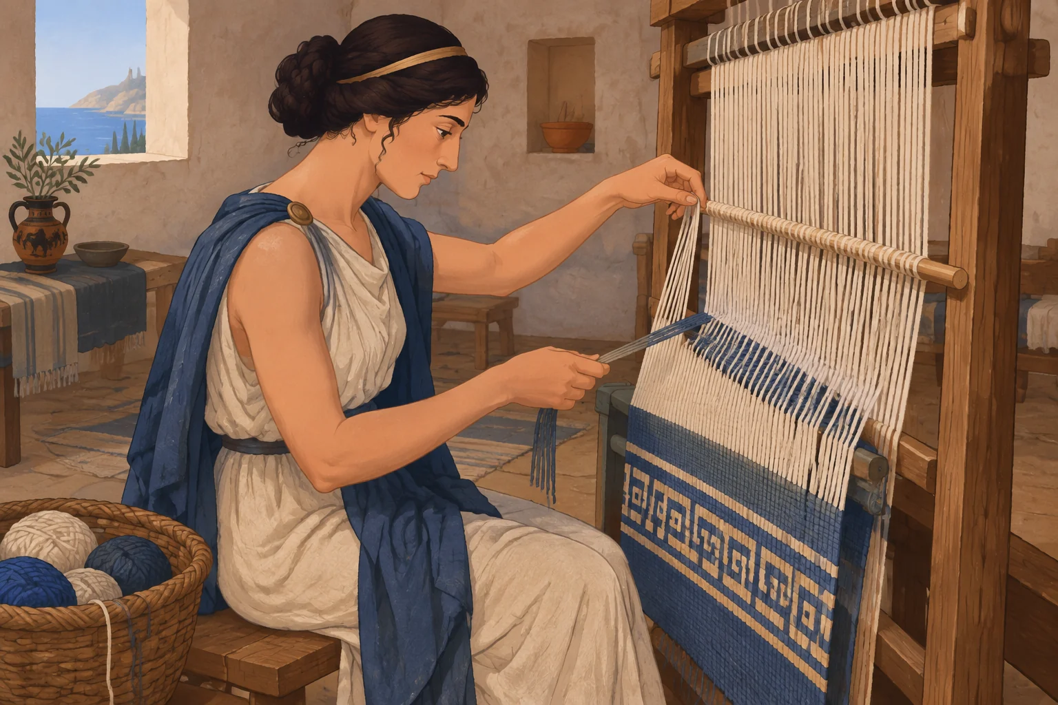 La Odisea de Homero: Una epopeya que narra la esencia de la Civilización Griega 6 Editorial illustration of Penélope working at a loom on a partly woven textile in a domestic interior.