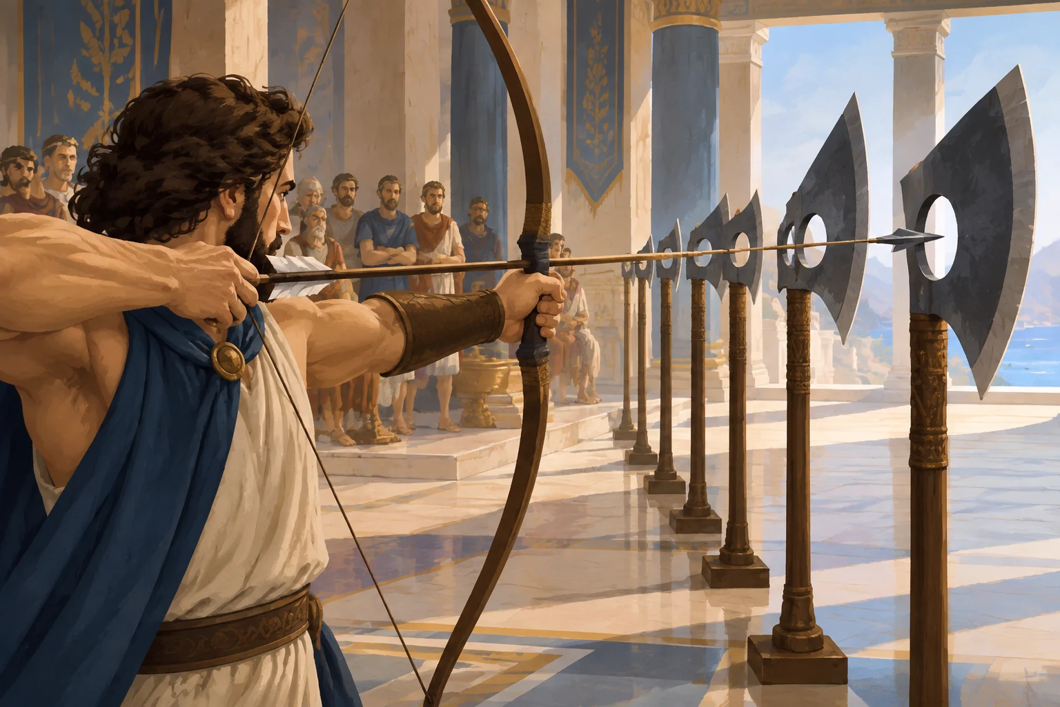 La Odisea de Homero: Una epopeya que narra la esencia de la Civilización Griega 7 Editorial illustration of Odiseo drawing a bow and aiming through the aligned openings of a row of axes.
