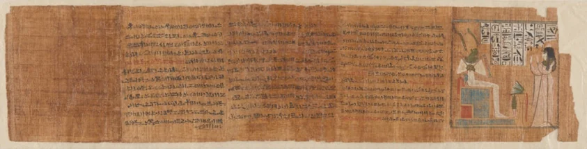 Los Textos de las Pirámides: Una ventana al mundo del antiguo Egipto 5 Un muro de piedra de pirámide, un ataúd con inscripciones y un rollo de papiro dispuestos como soportes funerarios distintos.