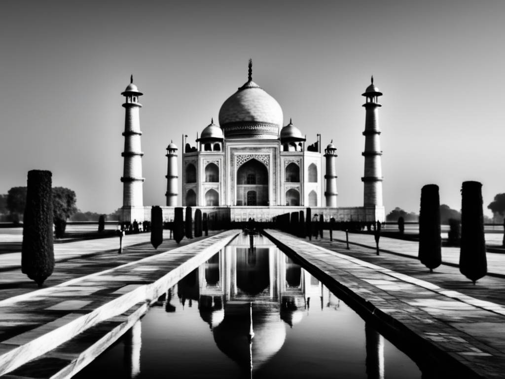 Majestuosa imagen en blanco y negro del icónico Taj Mahal al amanecer en la antigua India