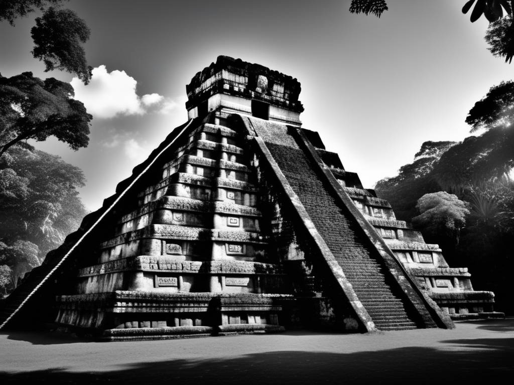 Civilización maya: Templo majestuoso en la selva con detalles intrincados, esculturas de deidades mayas y naturaleza exuberante