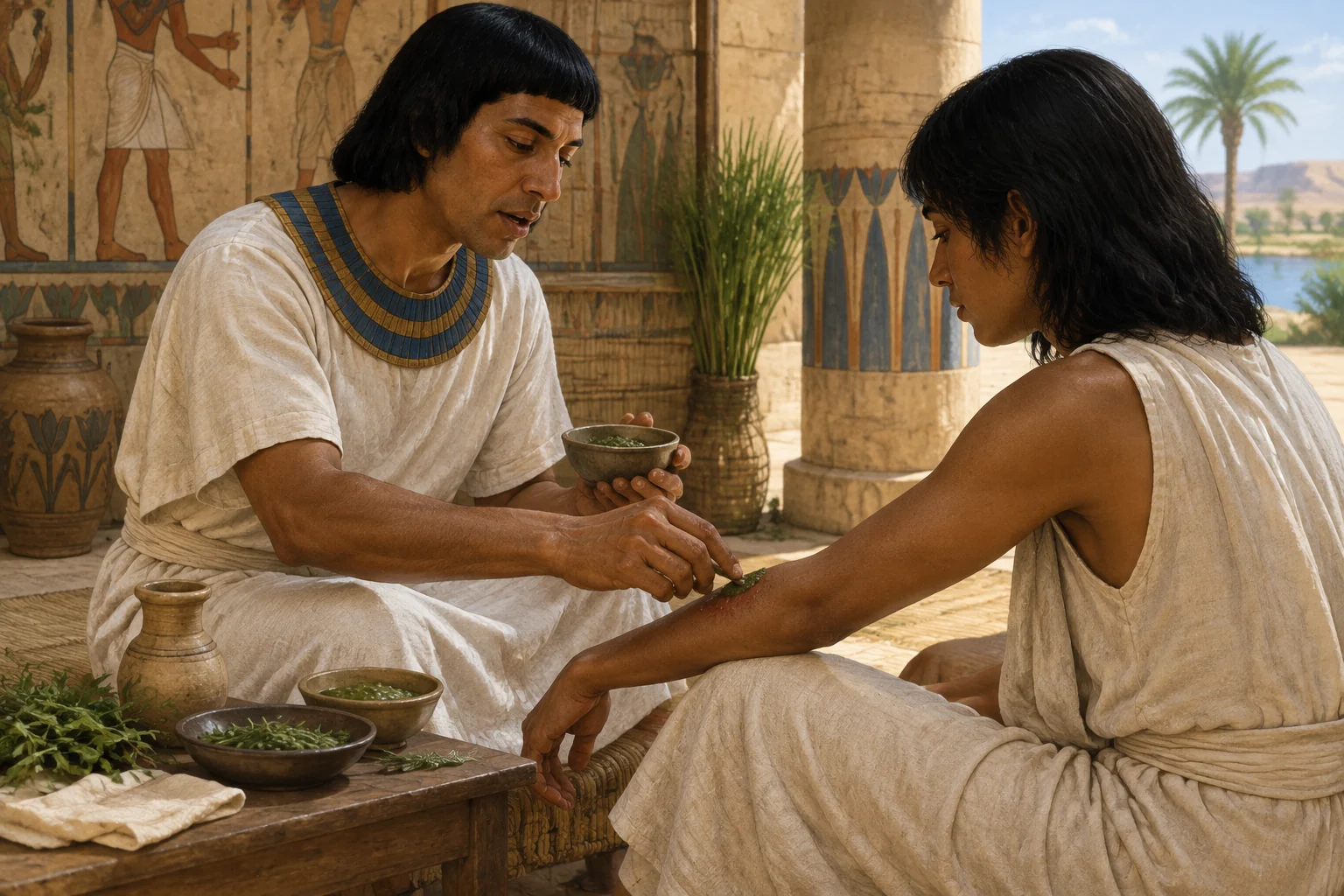 La fascinante medicina en el Antiguo Egipto: prácticas, creencias y conocimientos. 6 Reconstrucción editorial de una persona que atiende a otra con una preparación sencilla mientras habla en un espacio de apariencia antigua.