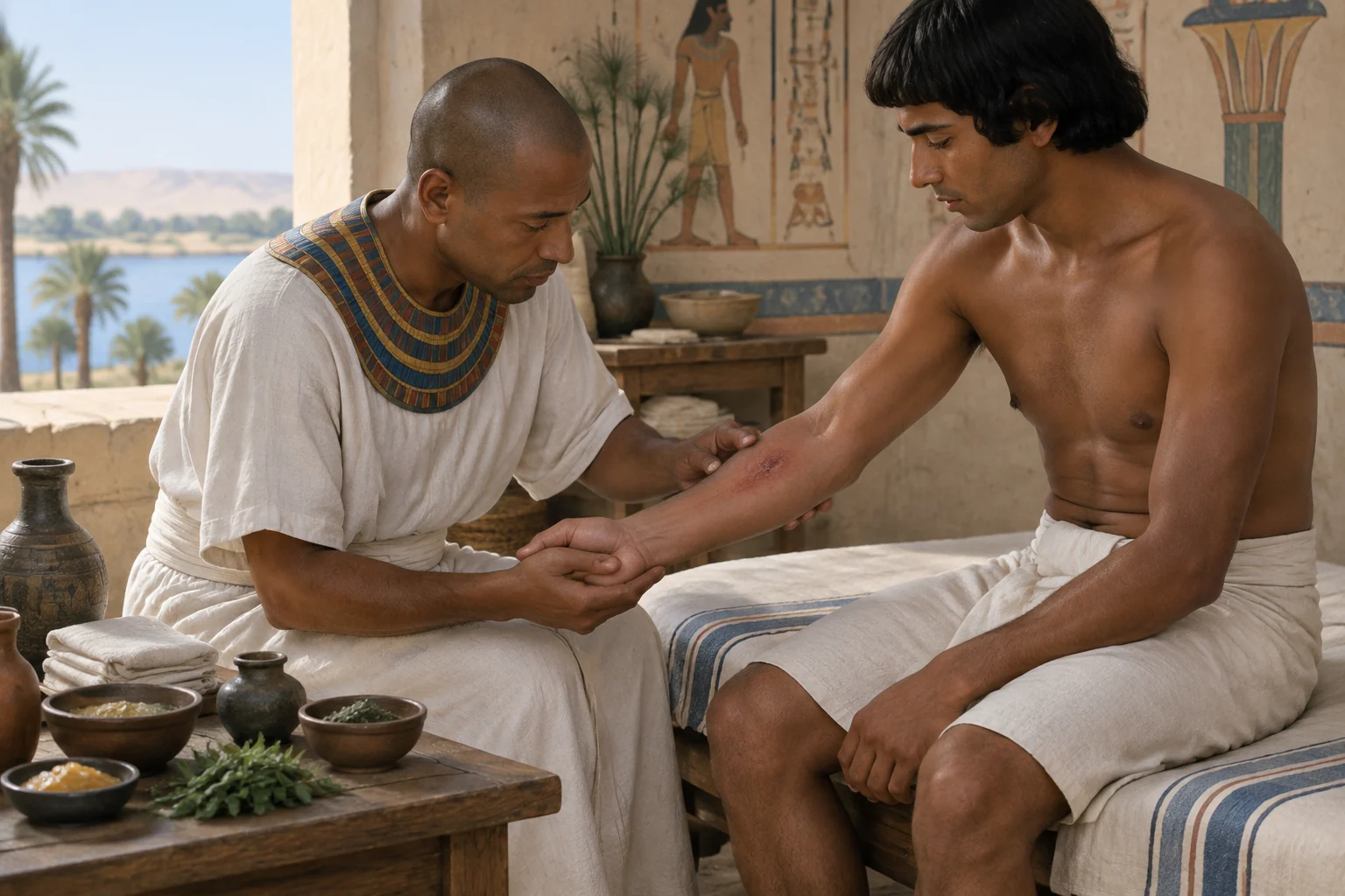 La fascinante medicina en el Antiguo Egipto: prácticas, creencias y conocimientos. 7 Reconstrucción editorial de un sanador que examina cuidadosamente una lesión no gráfica mientras la persona atendida permanece consciente.