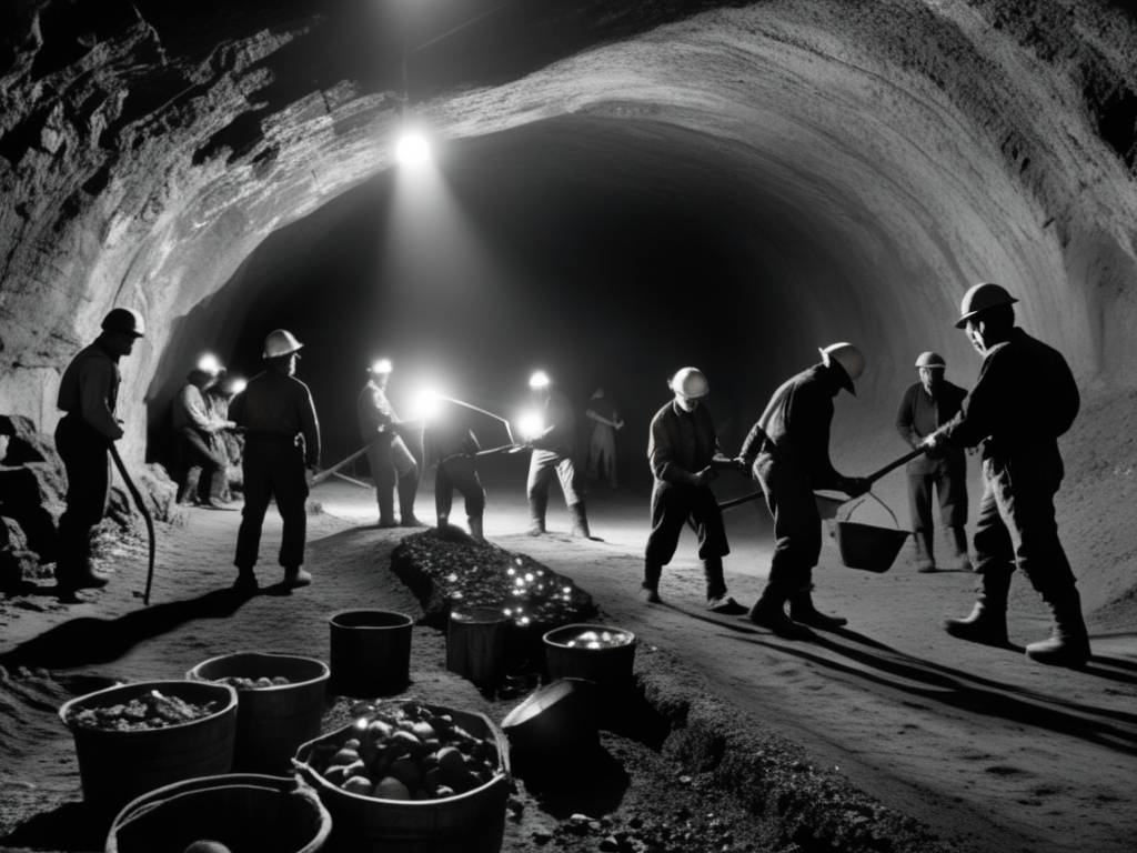 Mineros manejando dinamita en túnel de mina, reflejando peligro y determinación