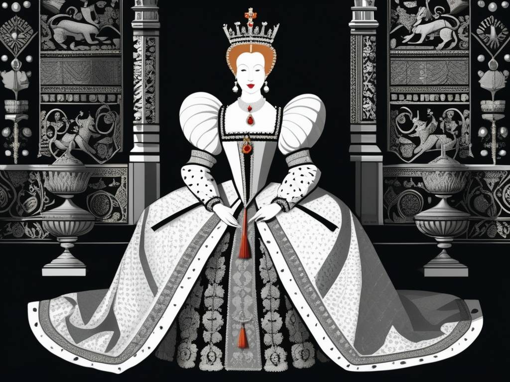 Reina Isabel I, monarca de la dinastía Tudor, en imagen detallada en blanco y negro con expresión poderosa y vestimenta regia