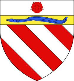 Escudo histórico de la Casa de Orsini, con bandas rojas y blancas y una rosa roja