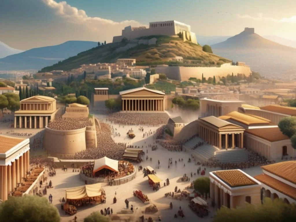 Panorama de Esparta antigua con murallas, Acropolis, mercado, arquitectura griega, soldados espartanos