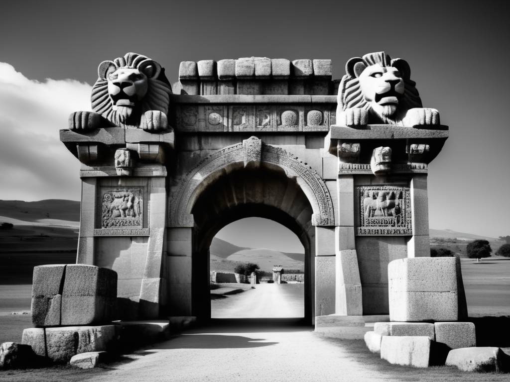 Puerta de León, entrada a la antigua ciudad de Hattusa: imponente imagen en blanco y negro