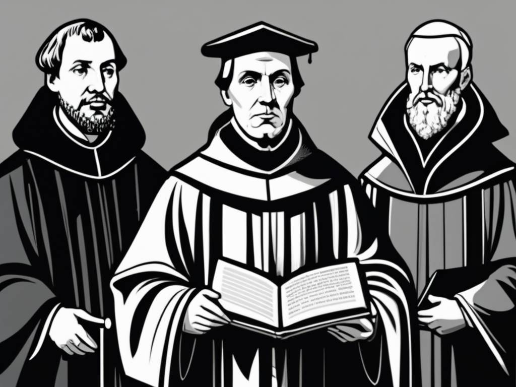 Reforma Protestante: Imagen detallada en blanco y negro de Martin Luther, John Calvin y Huldrych Zwingli, representados con dignidad y solemnidad