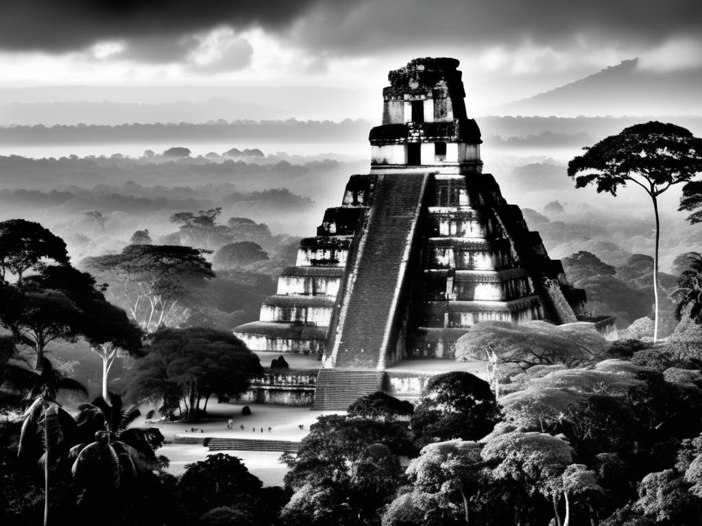 Ruinas majestuosas de la antigua ciudad maya de Tikal en la selva, con pirámides y templos impresionantes