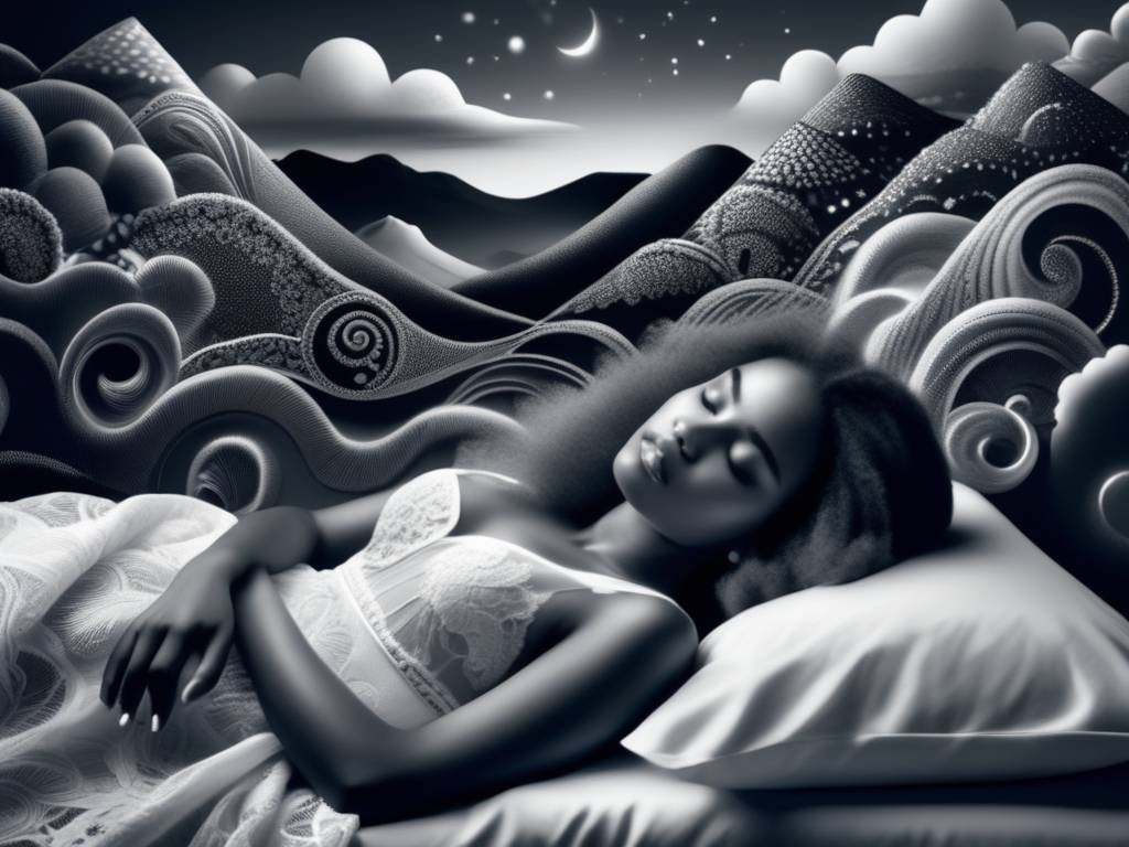 Sueño de arte: mujer serena en cama con paisaje surrealista