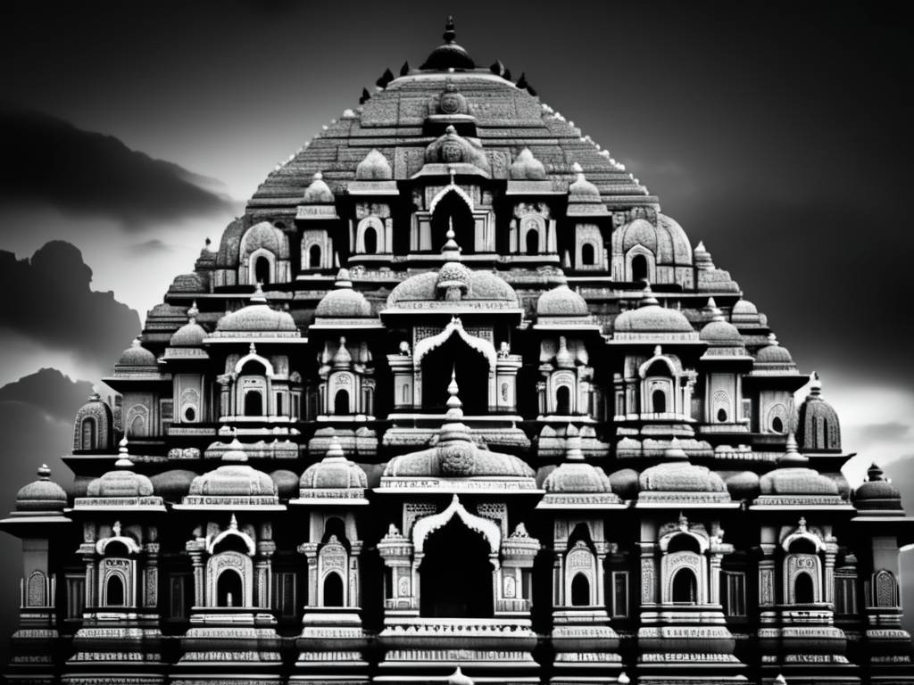 Templo de piedra tallada en India, escenas mitológicas y belleza arquitectónica de la antigua India