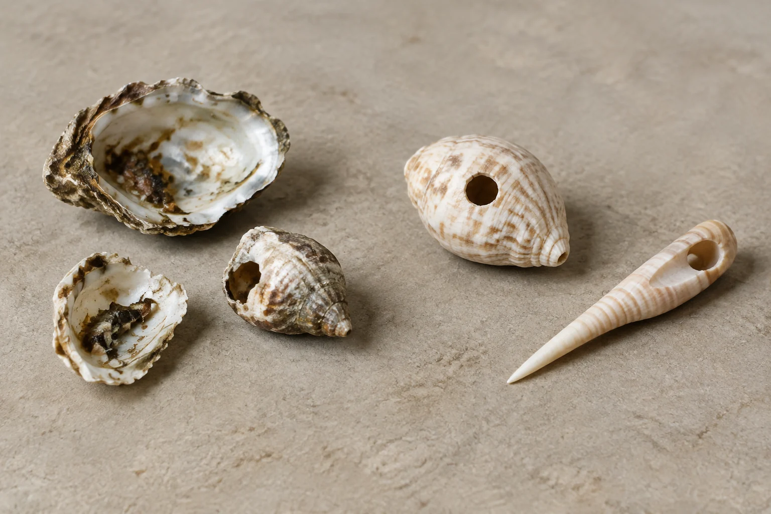 El uso de conchas marinas en la Prehistoria: una ventana hacia el pasado 5 Editorial illustration of marine shells alongside a perforated shell ornament and a simple shell tool, suggesting different uses in prehistory.