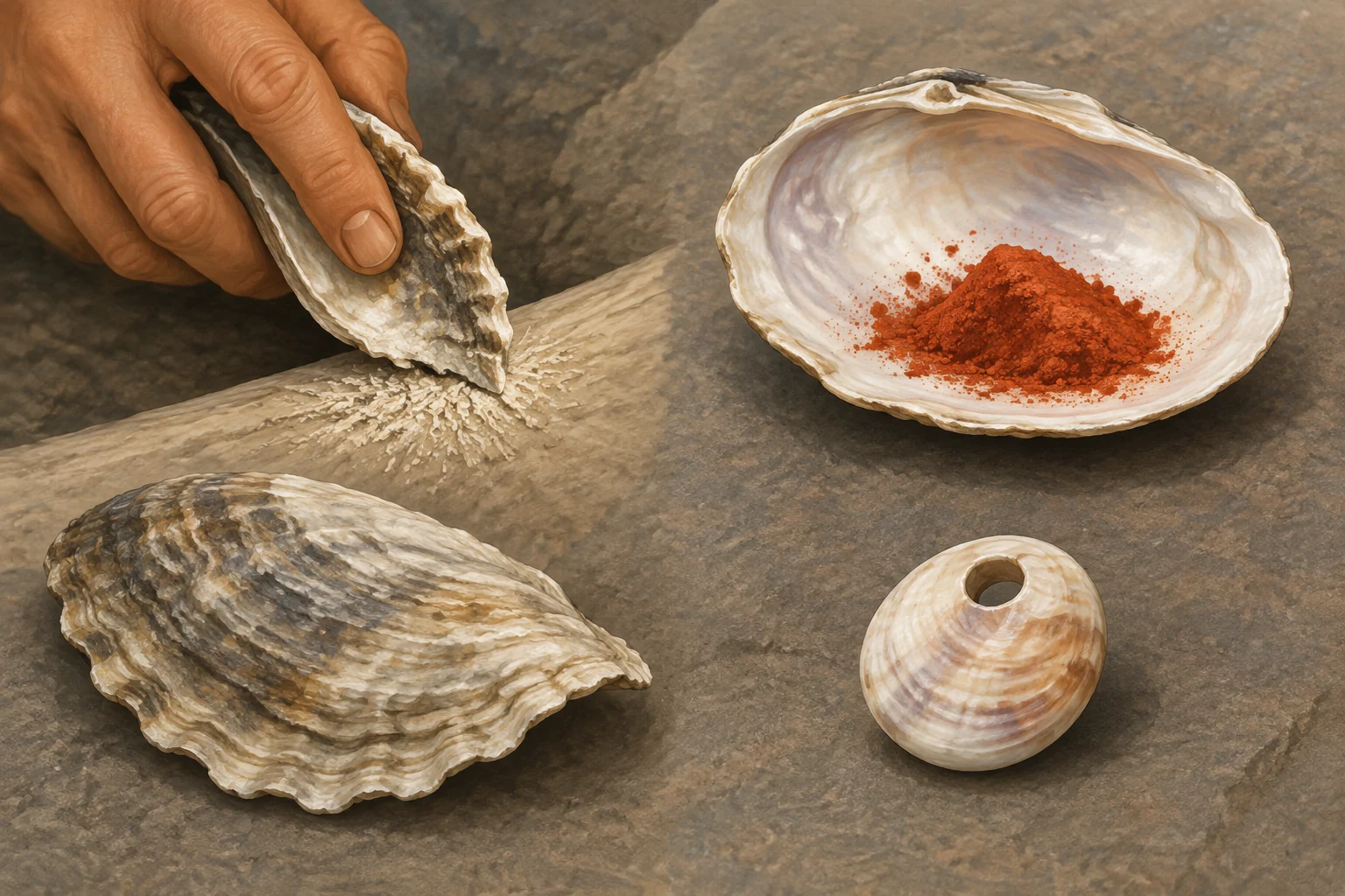 El uso de conchas marinas en la Prehistoria: una ventana hacia el pasado 7 Editorial illustration of a shell scraper, a shell used to hold pigment, and a perforated shell bead.