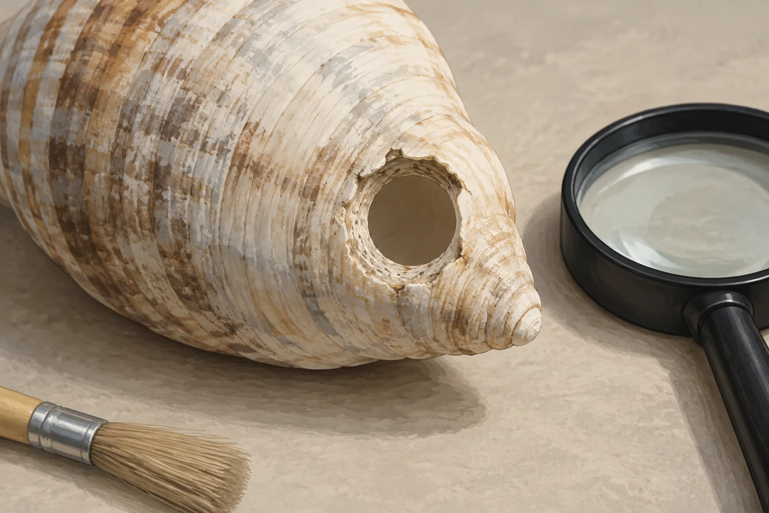 El uso de conchas marinas en la Prehistoria: una ventana hacia el pasado 9 Editorial illustration of a shell under close examination, showing a perforation with wear around its edge.