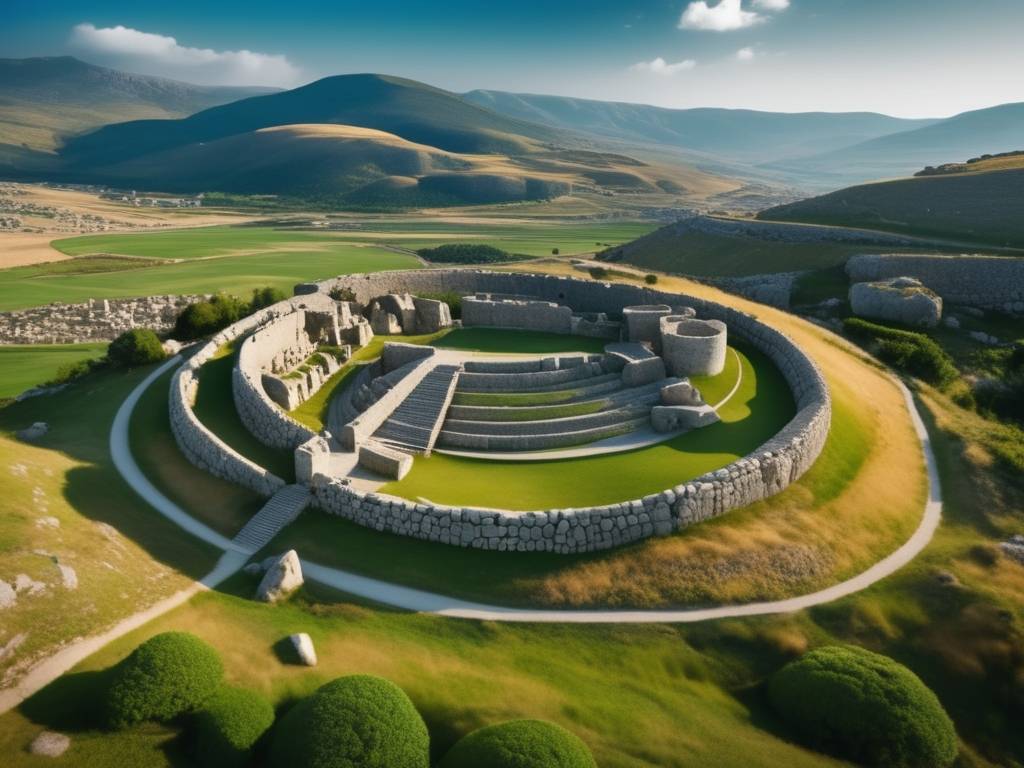 Vista aérea de Hattusa, capital hitita, con impresionante arquitectura y paisaje montañoso